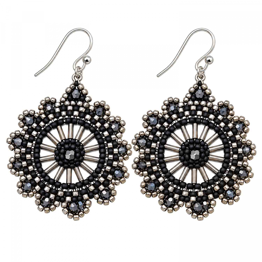 Boho Ohrhänger Ester – Schwarz Silber mit facettierten Perlen