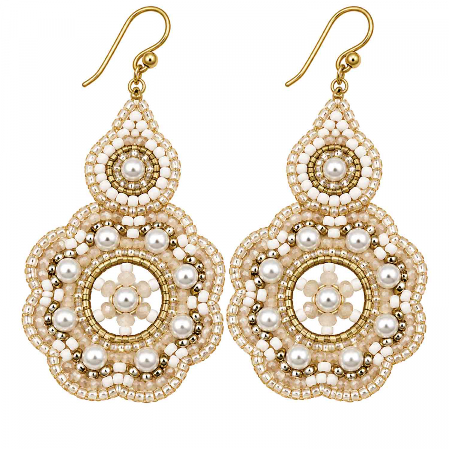 Boho Ohrhänger Serena – Creme Weiß Gold mit Perlen
