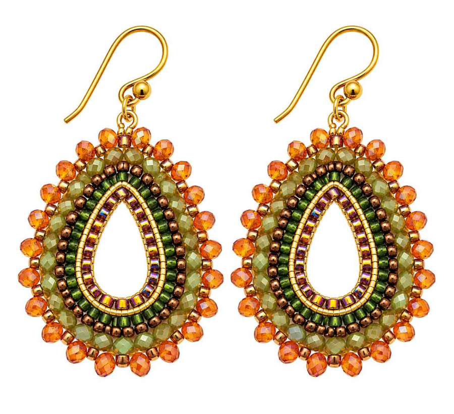 Boho Ohrhänger Arisa – Grün-Orange mit facettierten Glasperlen