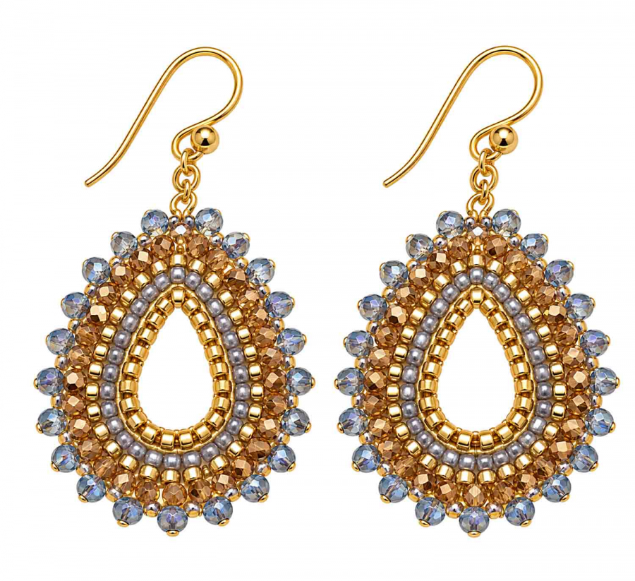 Boho Ohrhänger Arisa – Gold-Hellblau mit facettierten Glasperlen