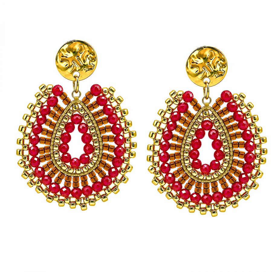 Boho-Ohrhänger Queza – Rot & Dunkelrot mit Gold