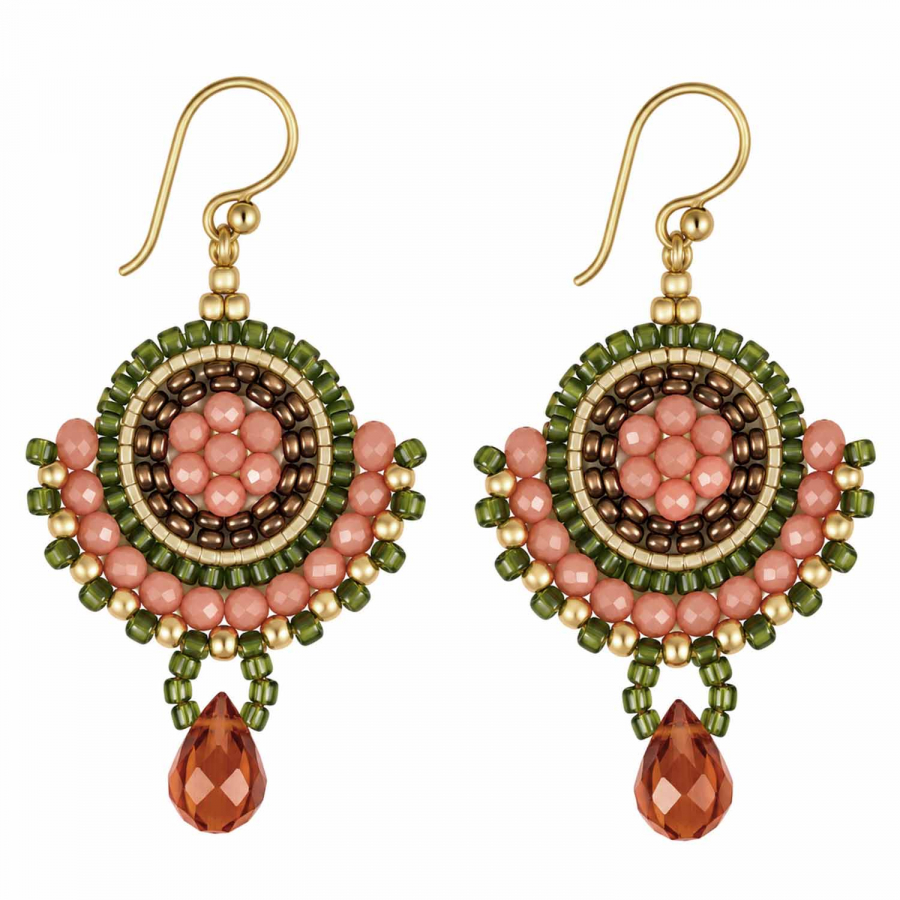 Boho-Ohrhänger Sirinda – Koralle, Olivgrün & Gold