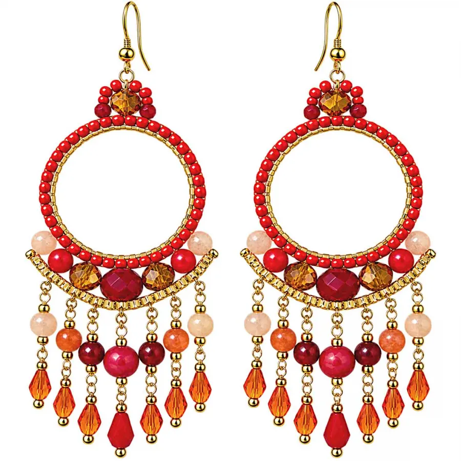 Boho Ohrhänger Bali – Rot & Orange – Edelstahl vergoldet