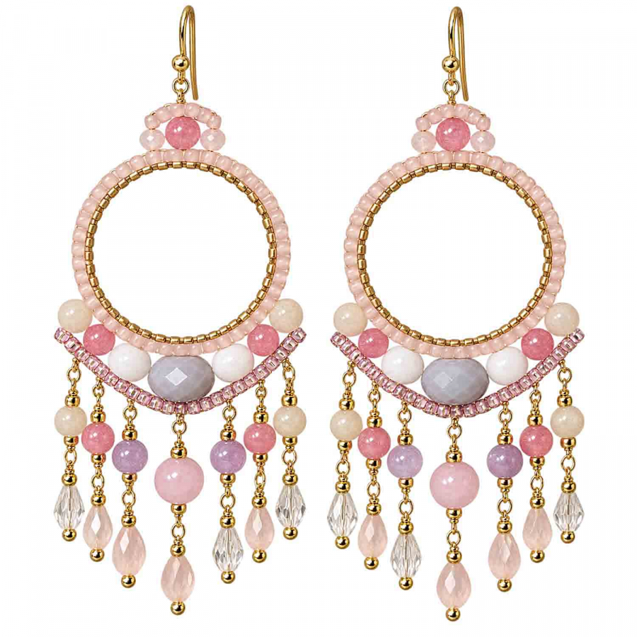 Boho Ohrhänger Bali – Rosa, Rosé & Flieder – Edelstahl vergoldet