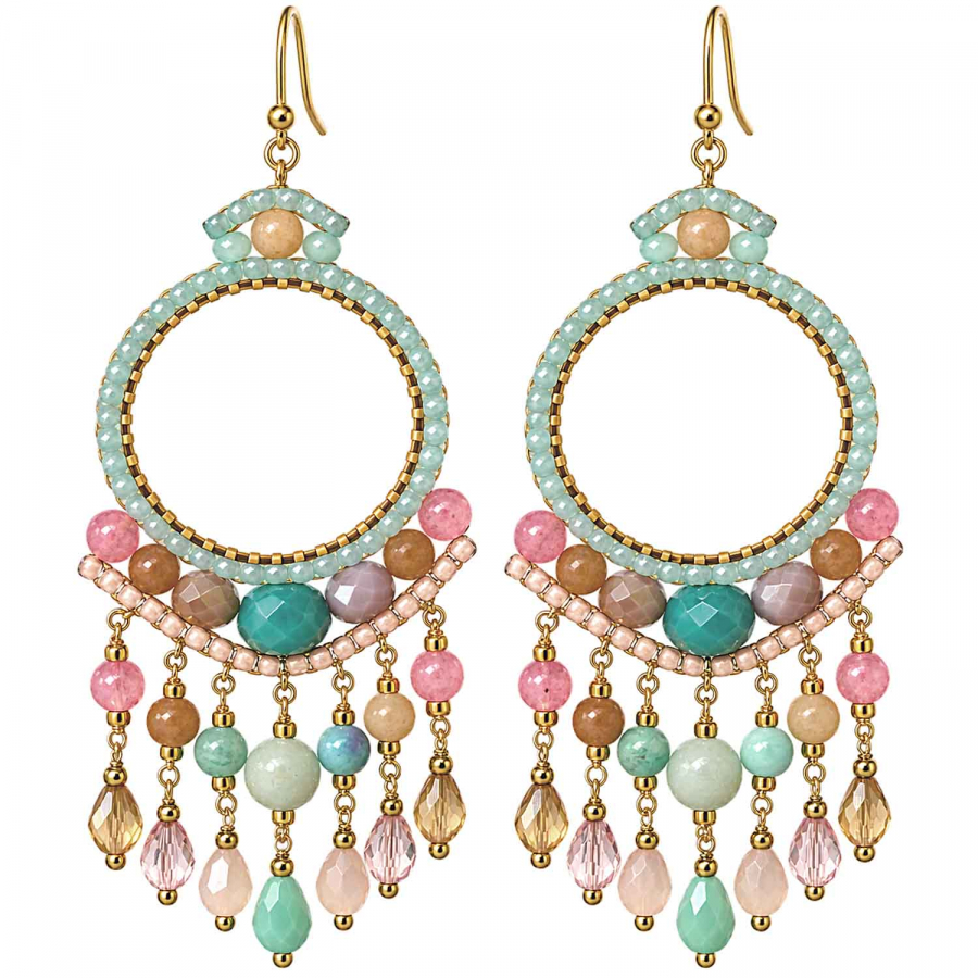 Boho Ohrhänger Bali – Mint, Rosa & Beige – Edelstahl vergoldet