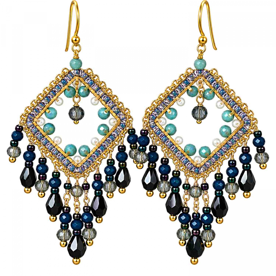 Boho Ohrhänger Sumatra – Blau, Türkis & Schwarz – Edelstahl vergoldet
