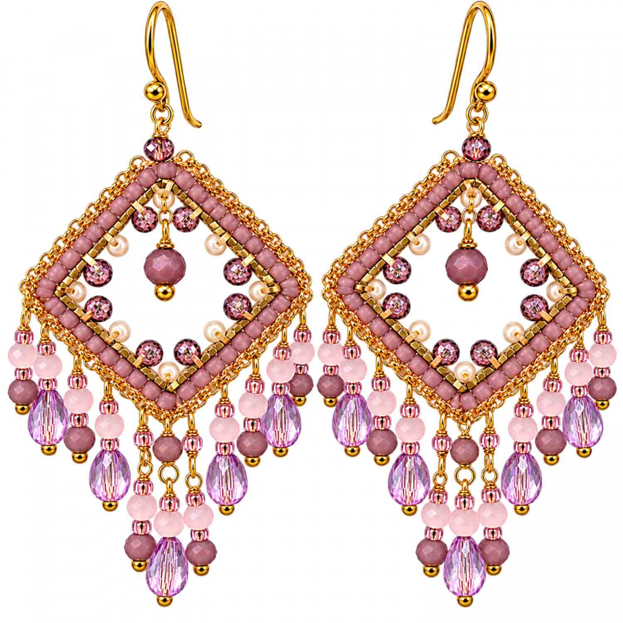 Boho Ohrhänger Sumatra – Rosa, Altrosa & Flieder – Edelstahl vergoldet