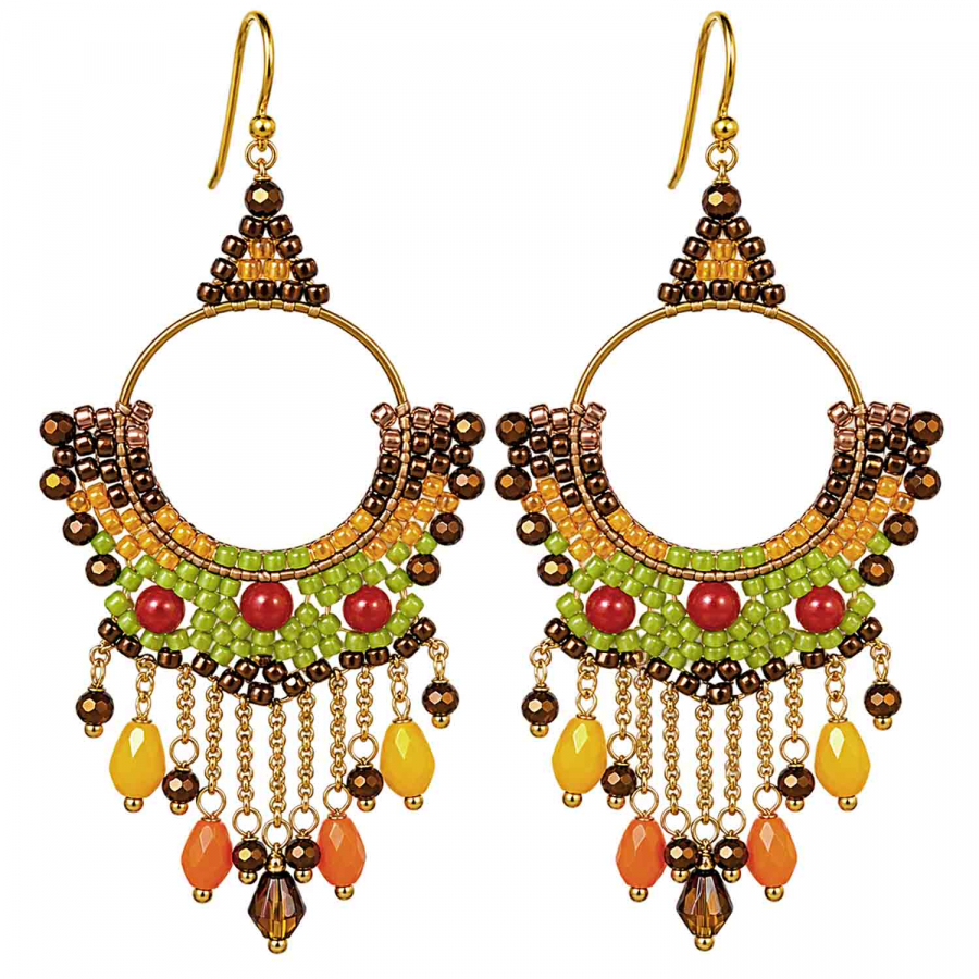 Boho Ohrhänger Sansibar – Grün, Orange & Braun – 925 Silber vergoldet