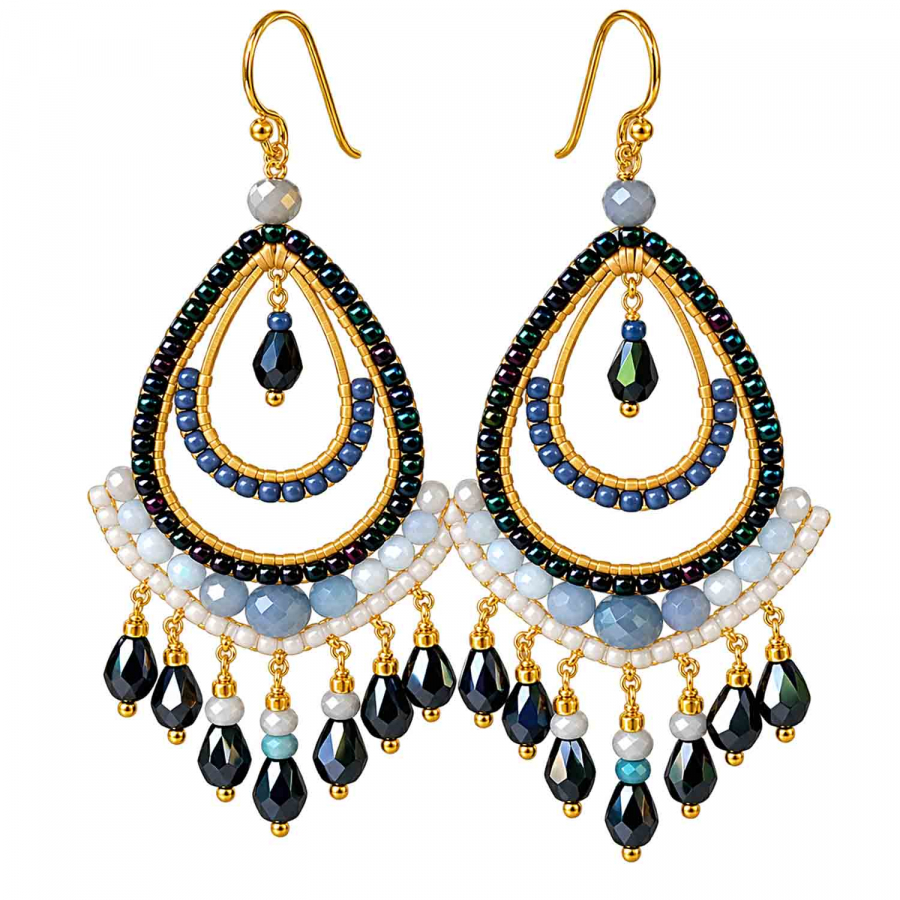 Boho Ohrhänger Tonga – Schwarz Blau Grau – 925 Silber vergoldet
