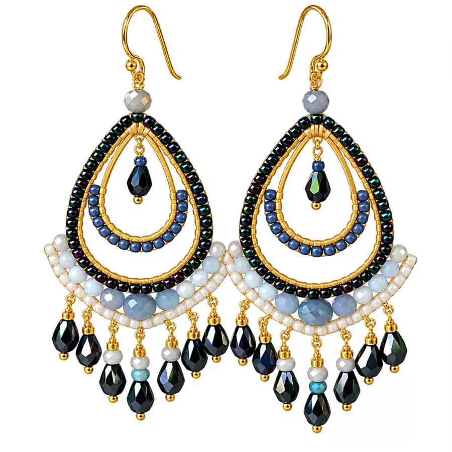 Boho Ohrhänger Tonga – Schwarz Blau Grau – 925 Silber vergoldet
