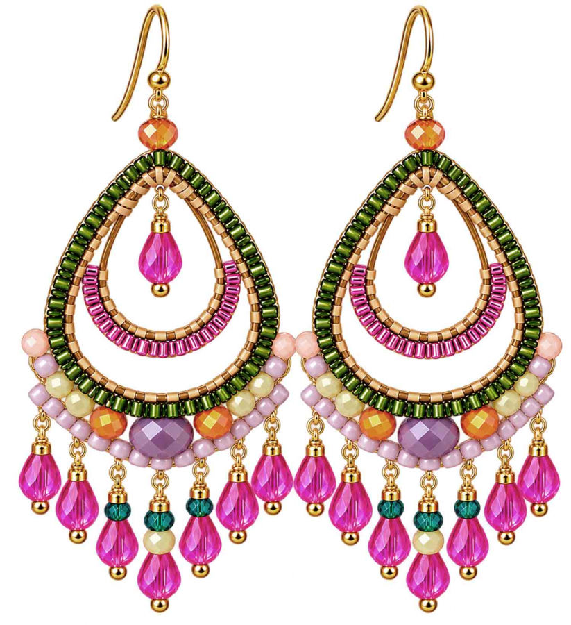 Boho Ohrhänger Tonga – Pink Grün Flieder – 925 Silber vergoldet