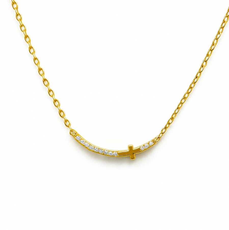 Vergoldete Kreuzkette mit Zirkonia-Bogen aus 925 Silber – 42+3 cm