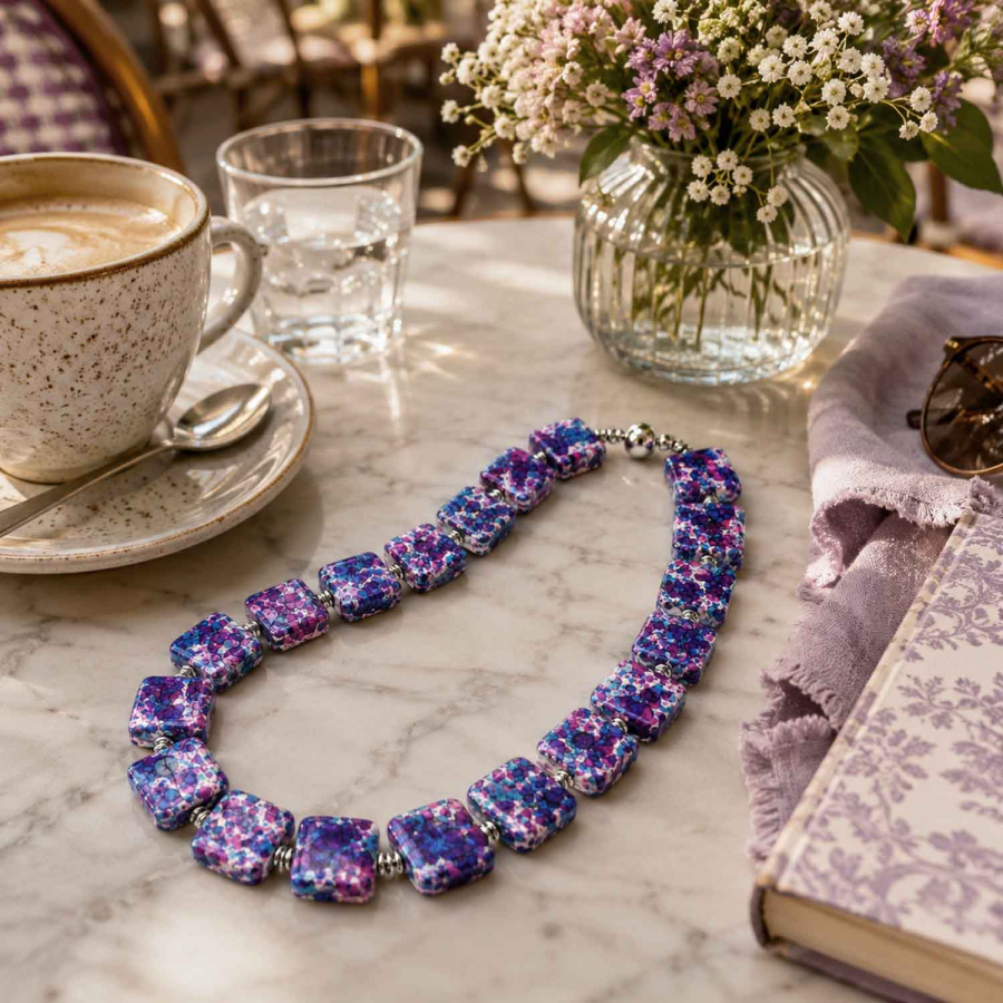 Preview: Kette California – Keramikperlen in Pink und Blau mit versilberten Hämatitperlen