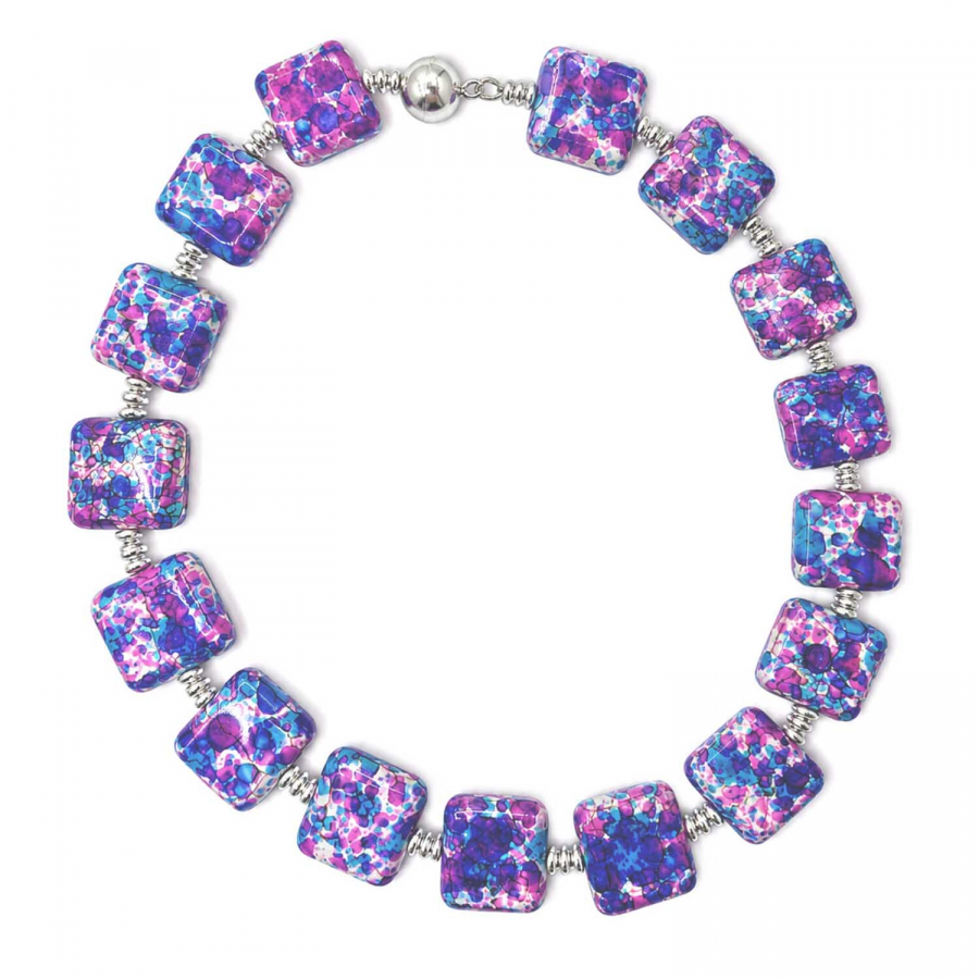 Kette California – Keramikperlen in Pink und Blau mit versilberten Hämatitperlen