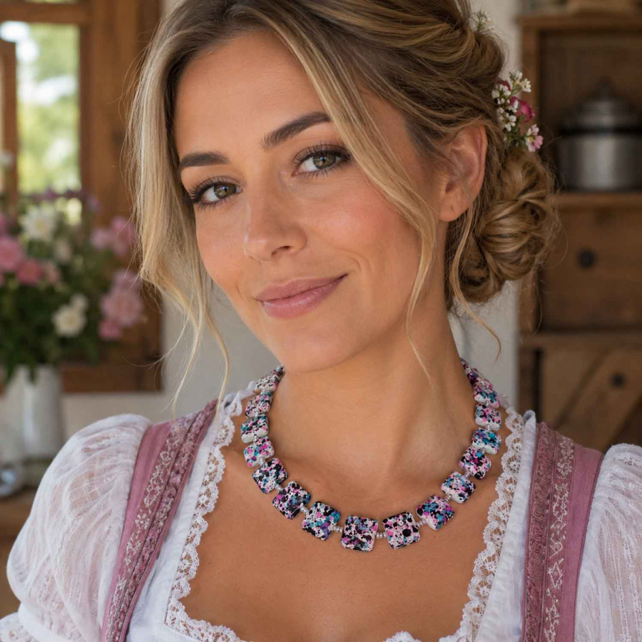 Preview: Kette California – Keramikperlen in Pink und Blau mit versilberten Hämatitperlen