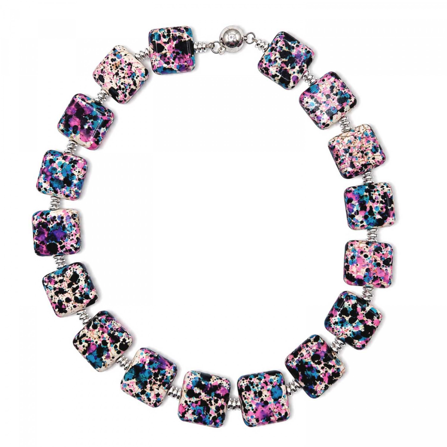 Kette California – Keramikperlen in Pink und Blau mit versilberten Hämatitperlen