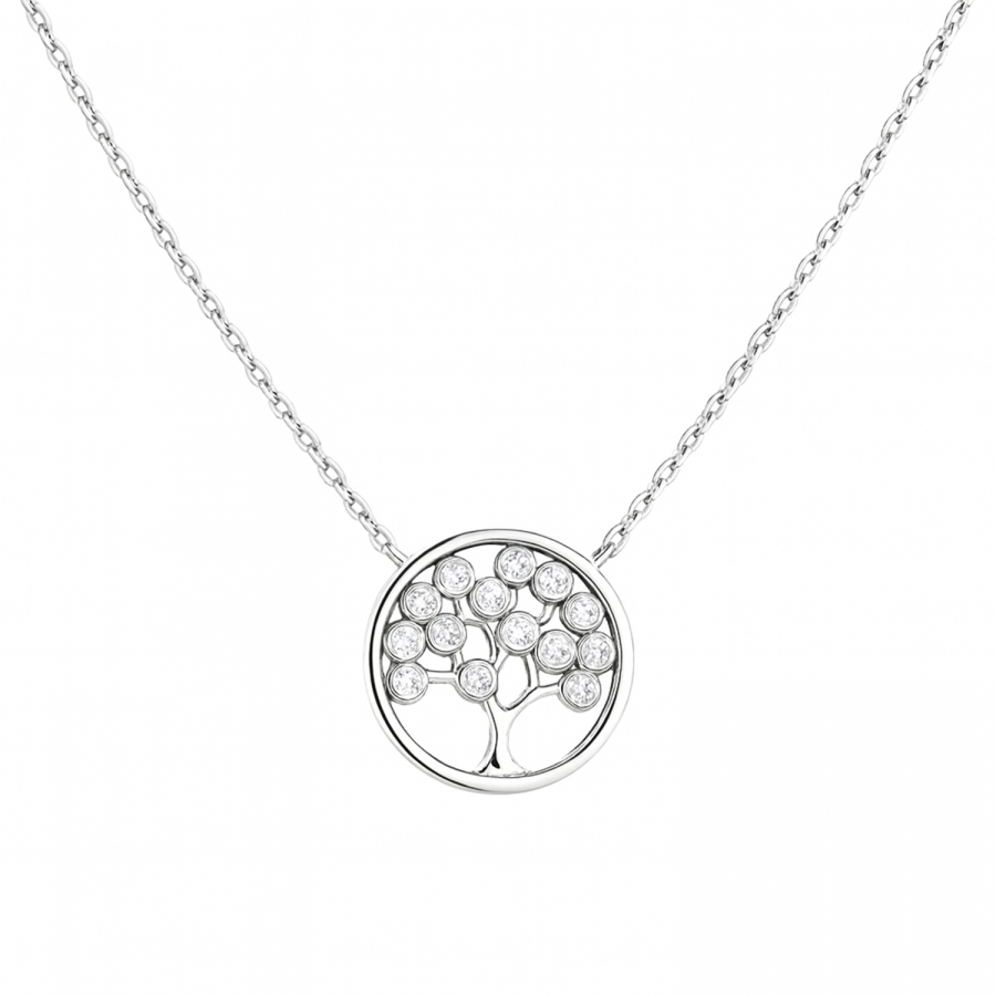 Halskette „Mirabel“ aus 925 Silber rhodiniert – Lebensbaum, 14 mm, Zirkonia