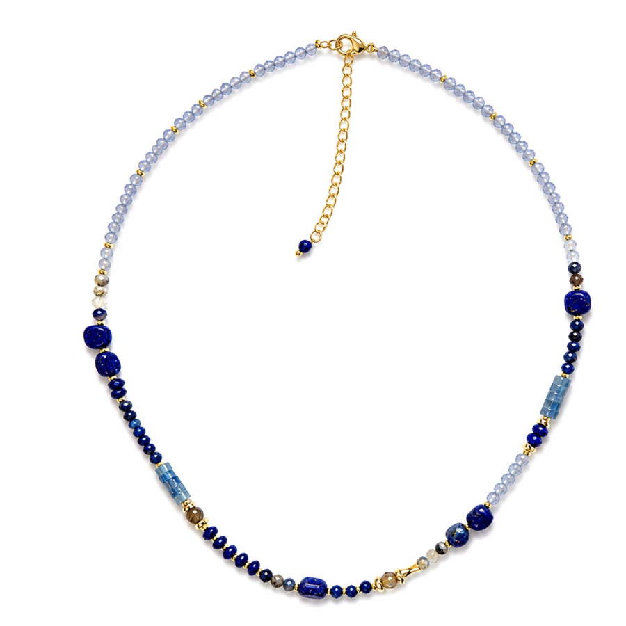 Amita Edelstein Kette mit Sodalith, Tigerauge und Aquamarin vergoldet