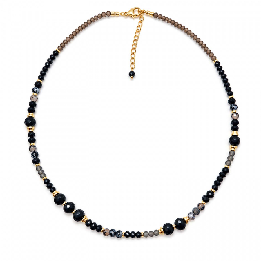 Edelsteinkette Kesara – Onyx, schwarzer Spinell, Obsidian & Achat – Edelstahl vergoldet