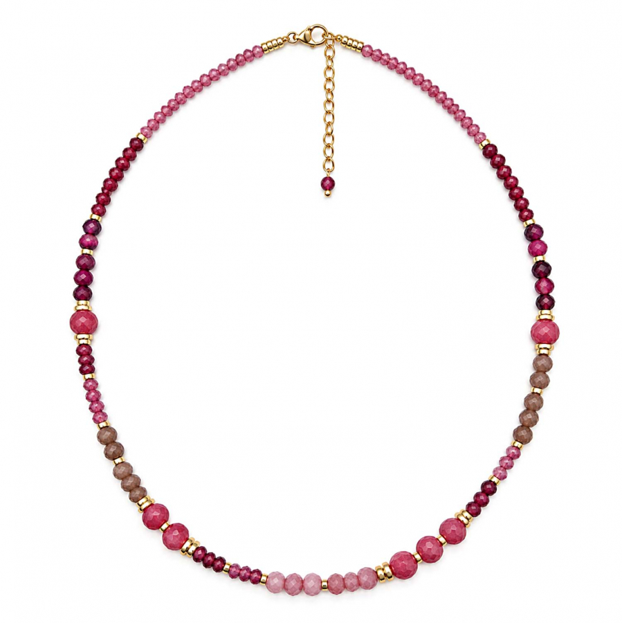 Edelsteinkette Kesara – Rhodonit, Turmalin & Rubin – Edelstahl vergoldet