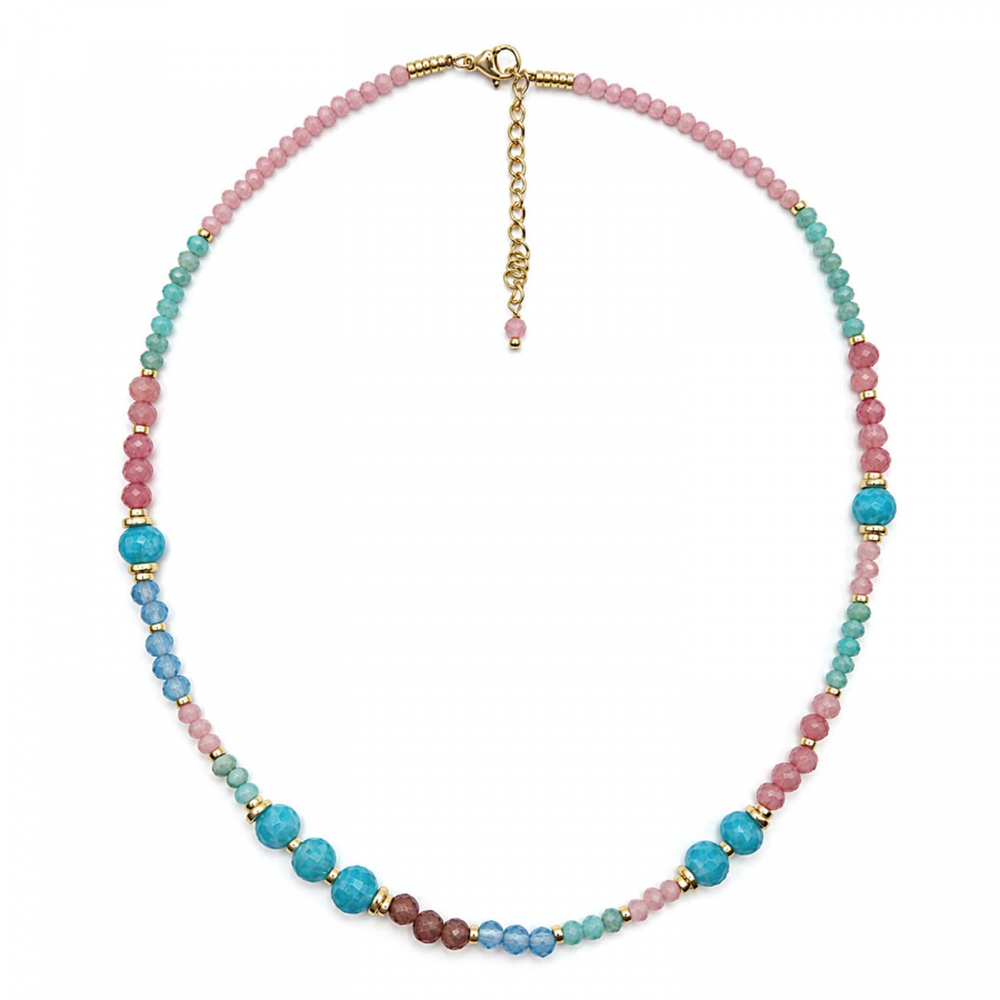 Edelsteinkette Kesara – Amazonit, Rosenquarz & Blautopas – Edelstahl vergoldet