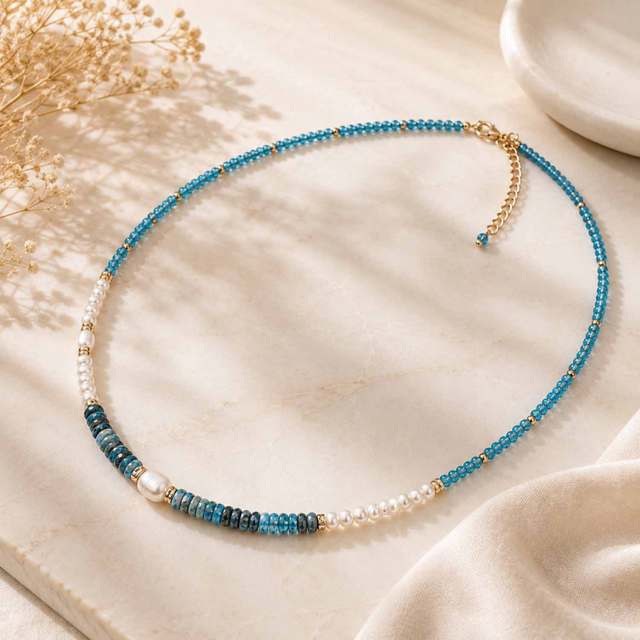 Preview: Kette Indica mit Apatit und Süßwasserperlen – vergoldeter Edelstahl