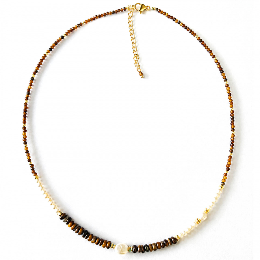 Kette Indica mit Tigerauge und Süßwasserperlen – vergoldeter Edelstahl