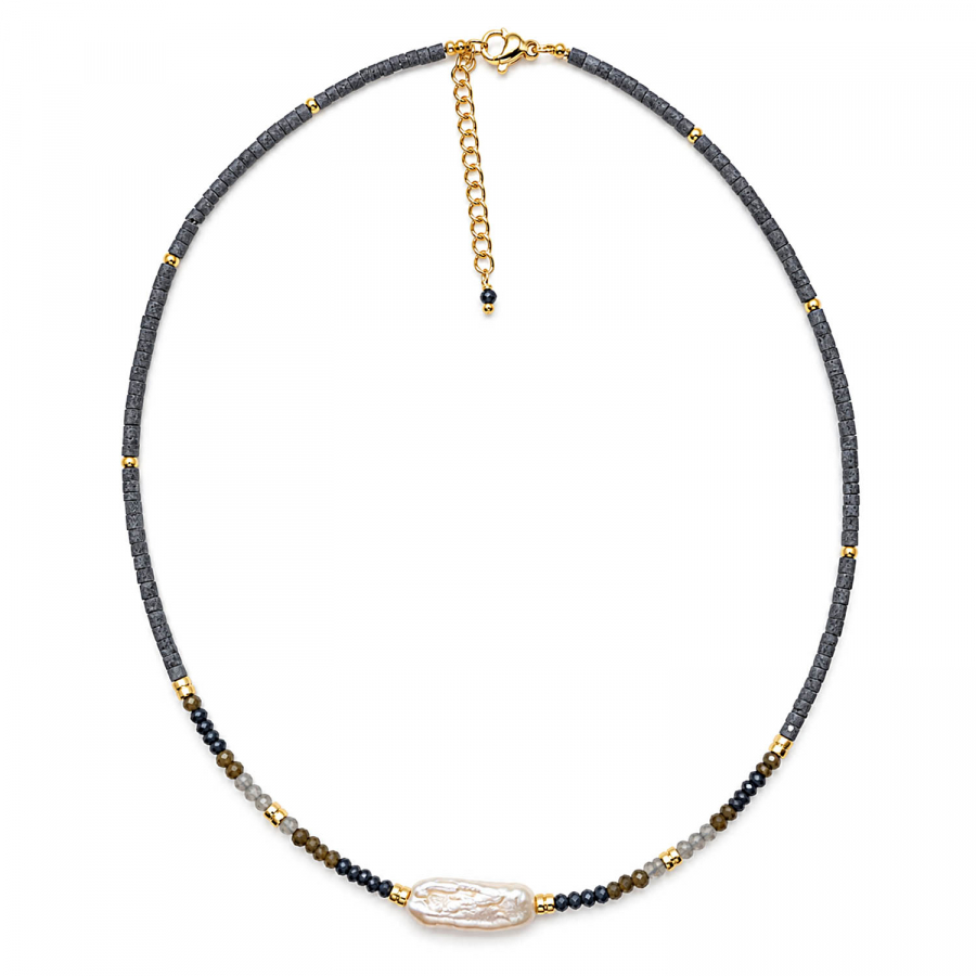 Edelsteinkette Palita – Spinell, Obsidian & Süßwasserperle – 42 + 3 cm