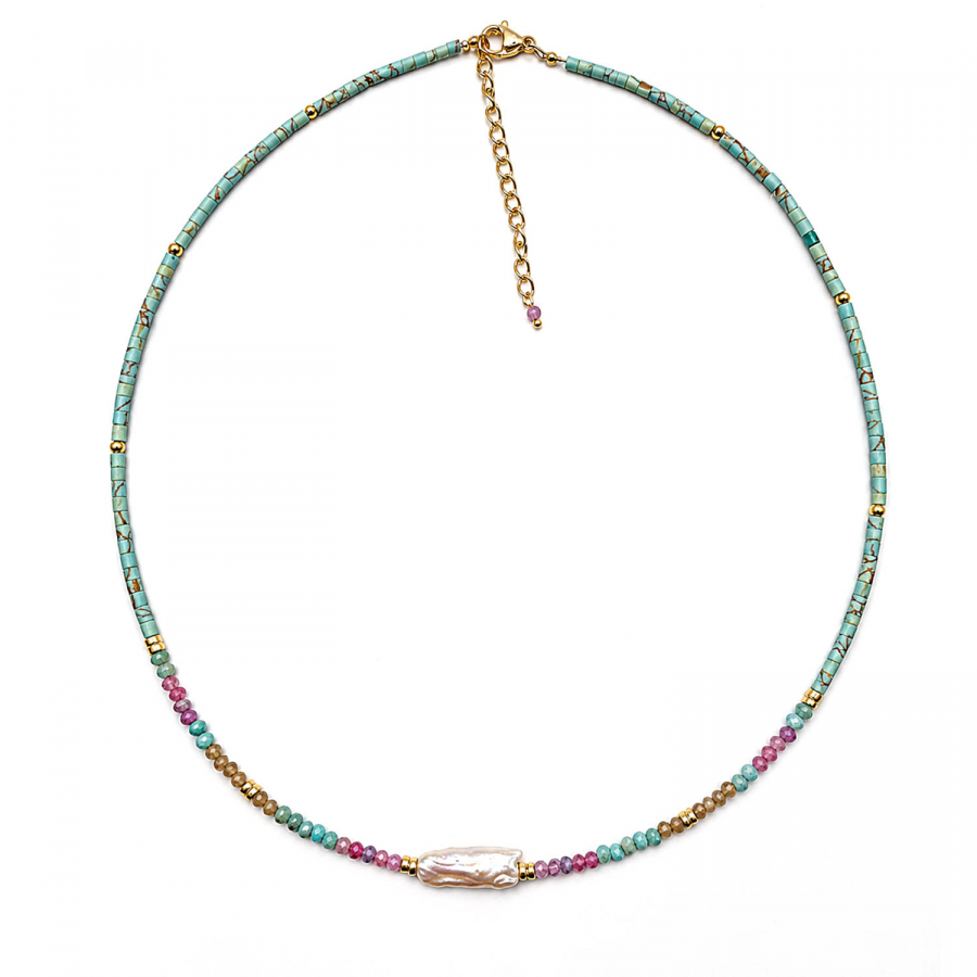 Edelsteinkette Palita – Pink Turmalin, Amazonit & Süßwasserperle – 42 + 3 cm