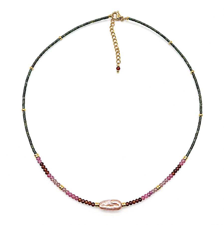 Edelsteinkette Palita – Pink Turmalin, Achat & Süßwasserperle – 42 + 3 cm