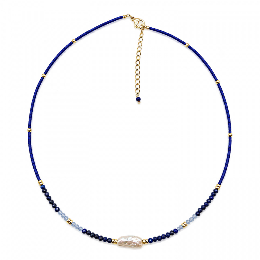 Edelsteinkette Palita – Lapislazuli, Aquamarin & Süßwasserperle – 42 + 3 cm
