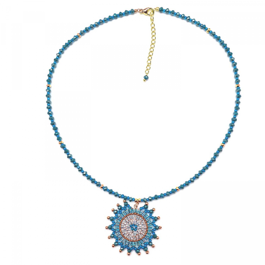 Kette Jutil mit Glasperlen in Petrolblau – 42+5 cm