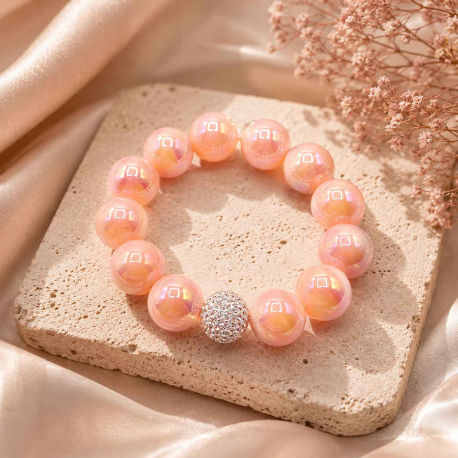 Preview: Armband Glam Coral Blush – 16 mm Perlen mit funkelnder Kristallkugel