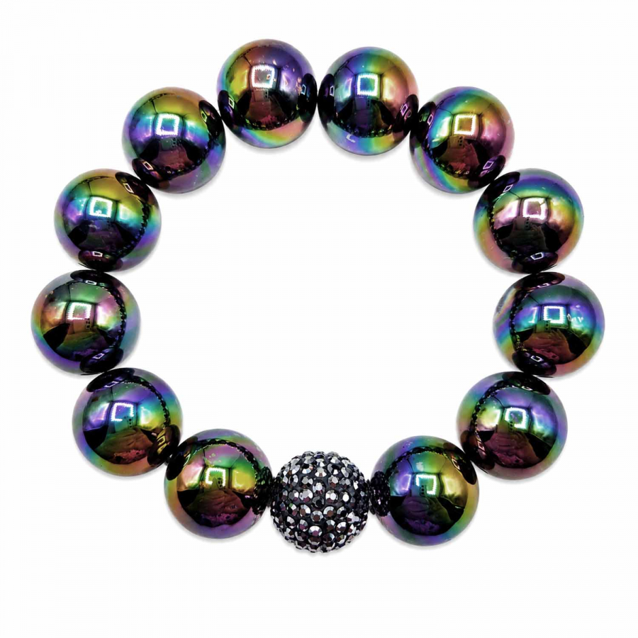 Armband Glam Midnight Aurora – Schwarze 16 mm Perlen mit Kristallkugel