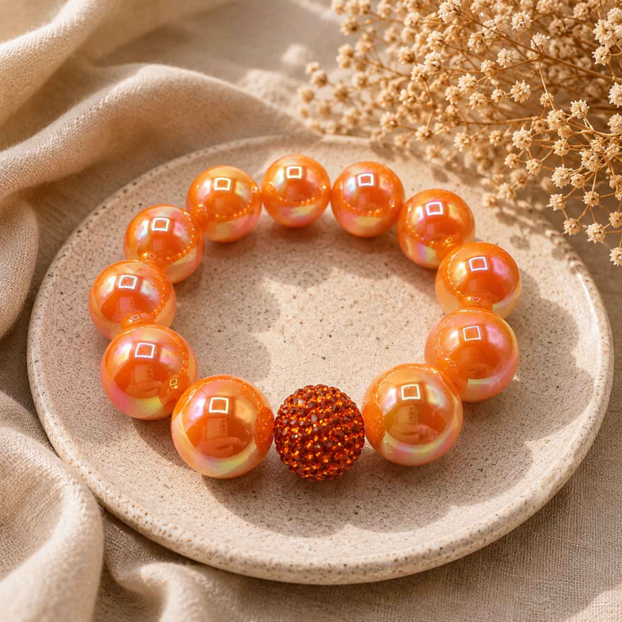 Preview: Armband Glam Sunset Orange Pearl – Orange 16 mm Perlen mit Kristallkugel