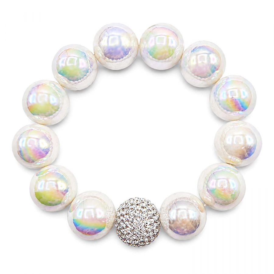Armband Pearl White – Glasperlen 16 mm mit Kristallkugel Crystal