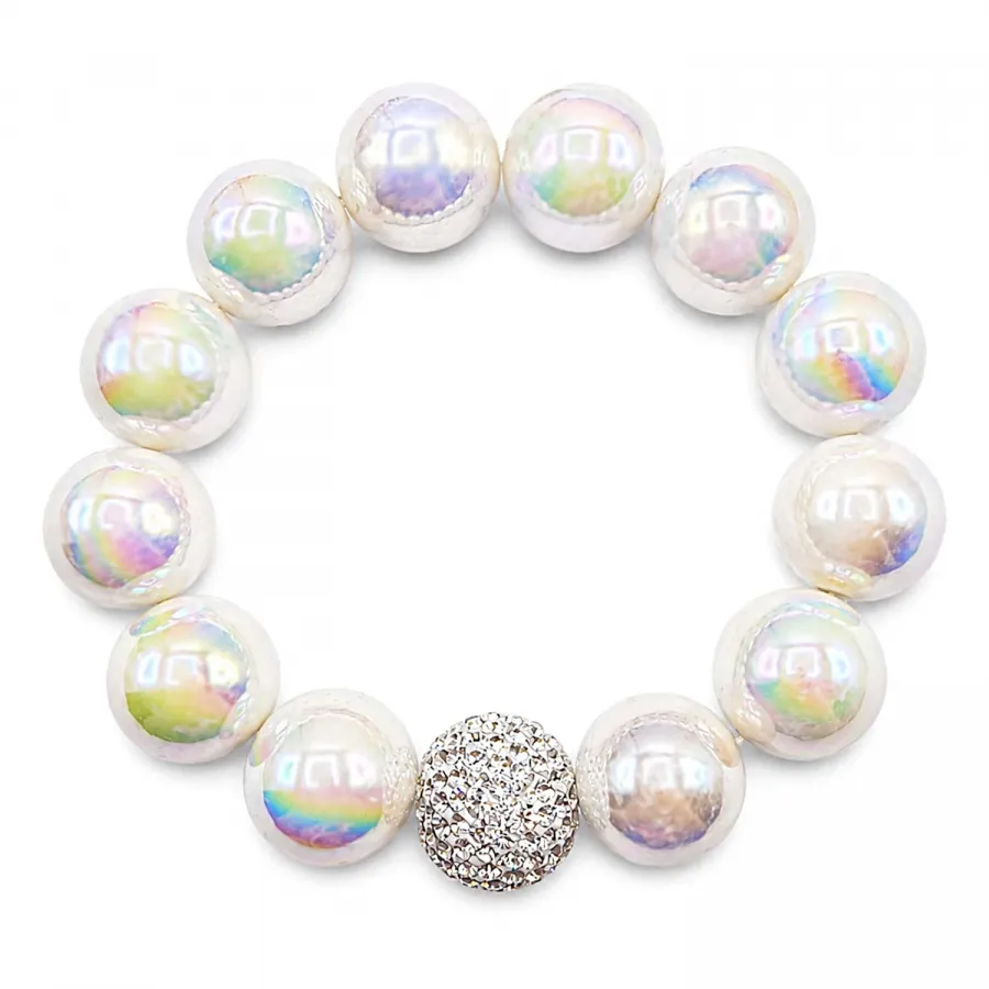 Armband Pearl White – Glasperlen 16 mm mit Kristallkugel Crystal