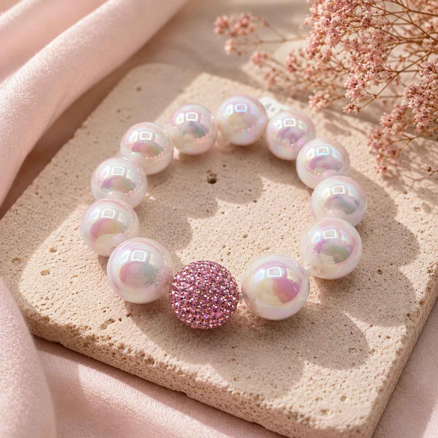 Preview: Armband Pearl Blush – Glasperlen 16 mm mit Kristallkugel Light Rose