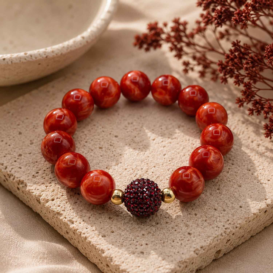 Preview: Armband Ruby Fire – Rote Resinperlen 15 mm mit Siam Kristallkugel und vergoldeten Akzenten
