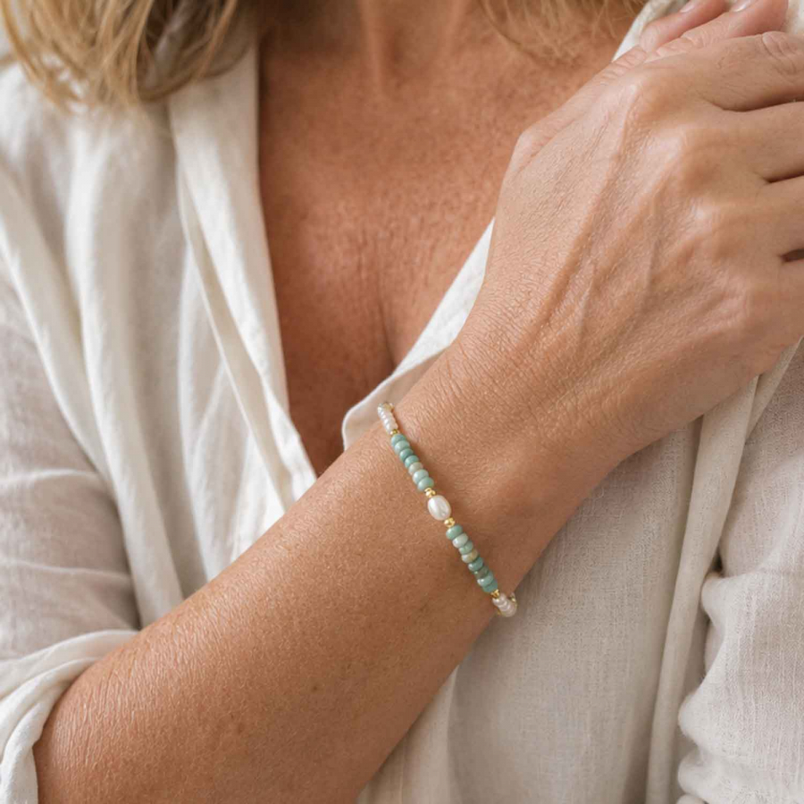 Preview: Armband Indica – Amazonit, Süßwasserperle & vergoldeter Hämatit
