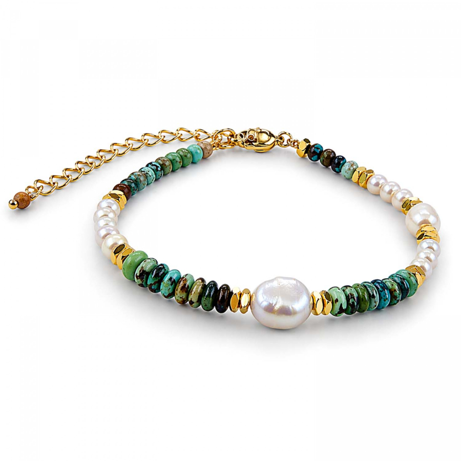 Armband Indica – Afrikanischer Türkis, Süßwasserperle & vergoldeter Hämatit
