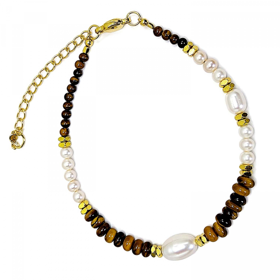 Armband Indica – Tigerauge, Süßwasserperle & vergoldeter Hämatit