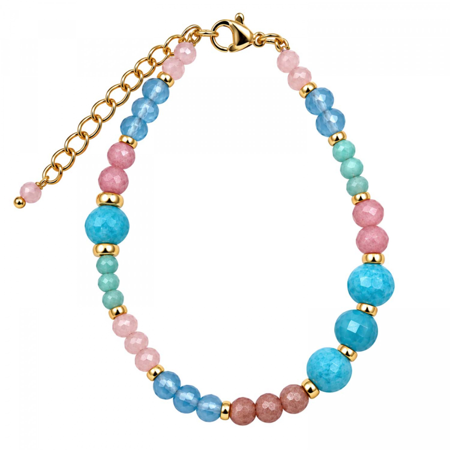 Edelsteinarmband Kesara – Amazonit, Rosenquarz & Blautopas – Edelstahl vergoldet