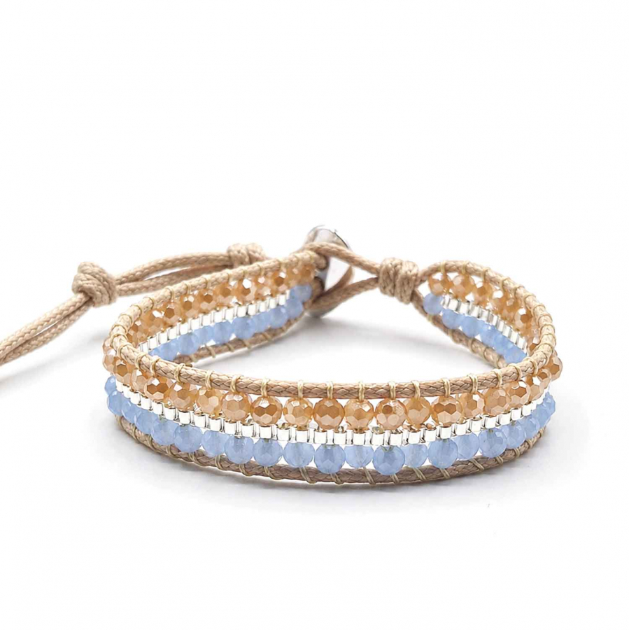Armband Malee – Kristallglasperlen in Hellblau und Champagner mit versilberten Details