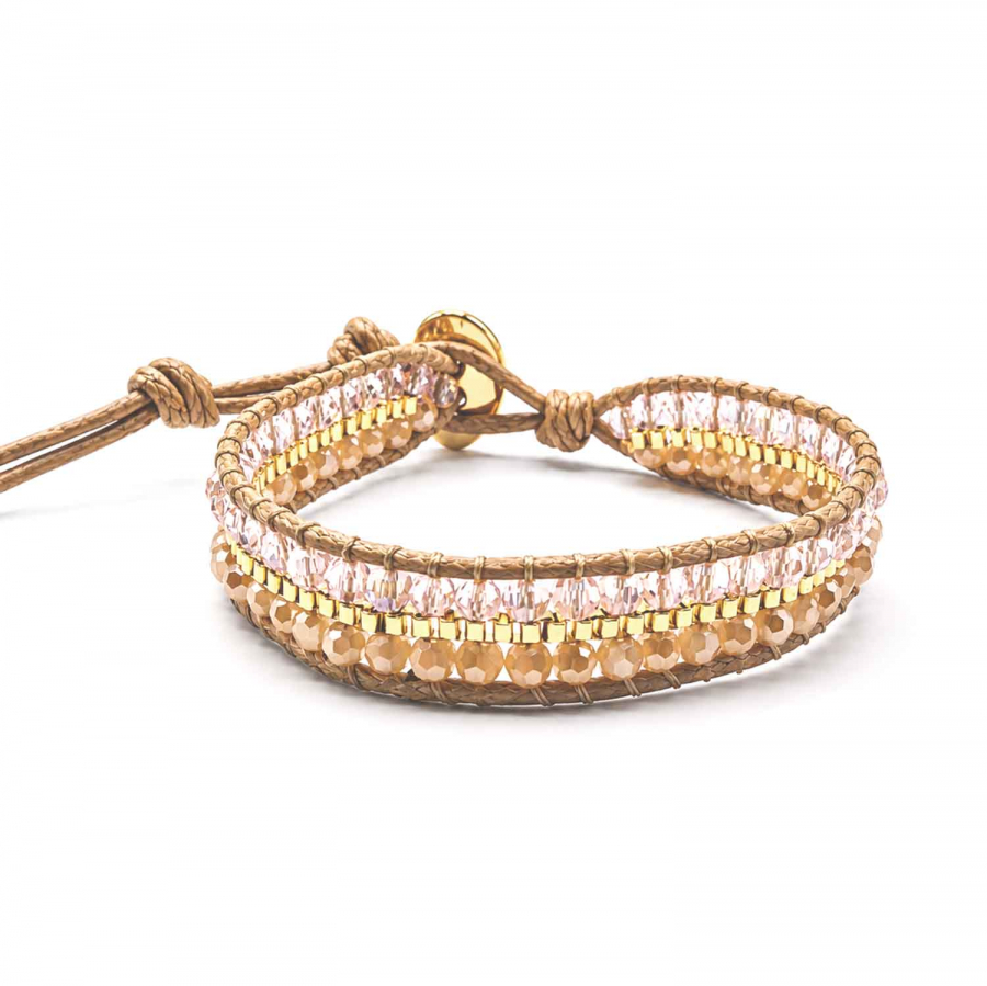 Armband Malee Rosa-Beige – Kristallglasperlen in Rosa und Beige mit vergoldeten Details
