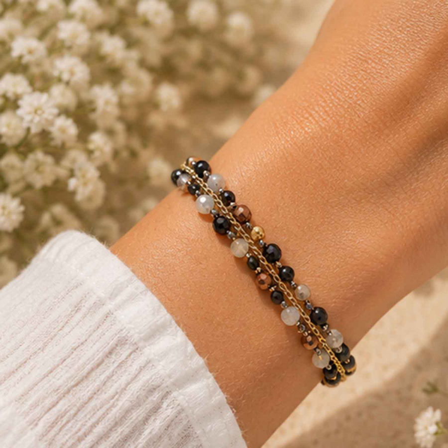 Preview: Armband Mayari – Edelstahl mit facettierten Glasperlen in Schwarz und Gold