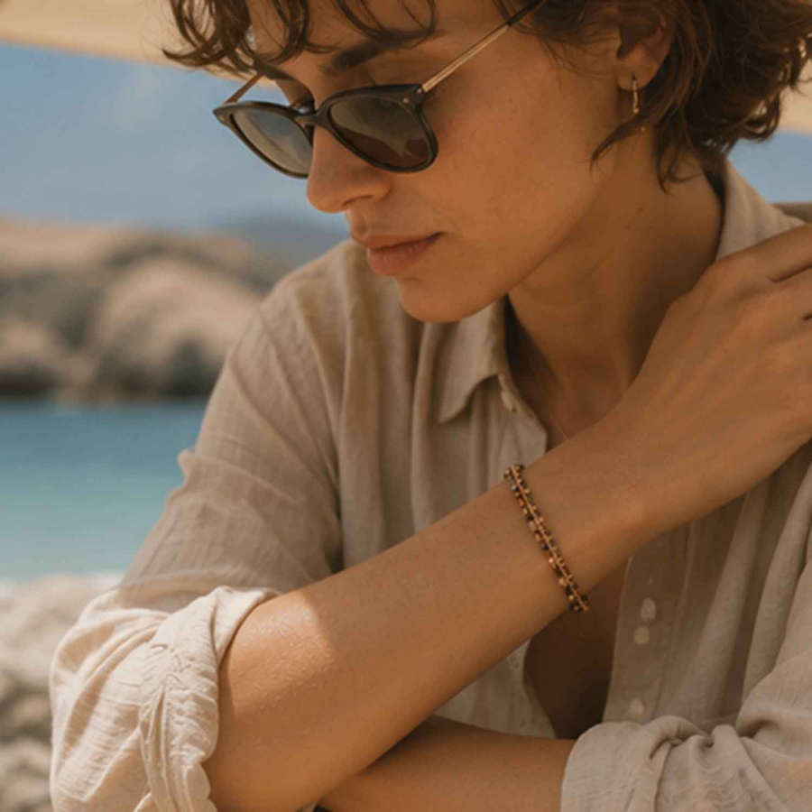 Preview: Armband Mayari – Edelstahl mit Glasperlen in Naturtönen