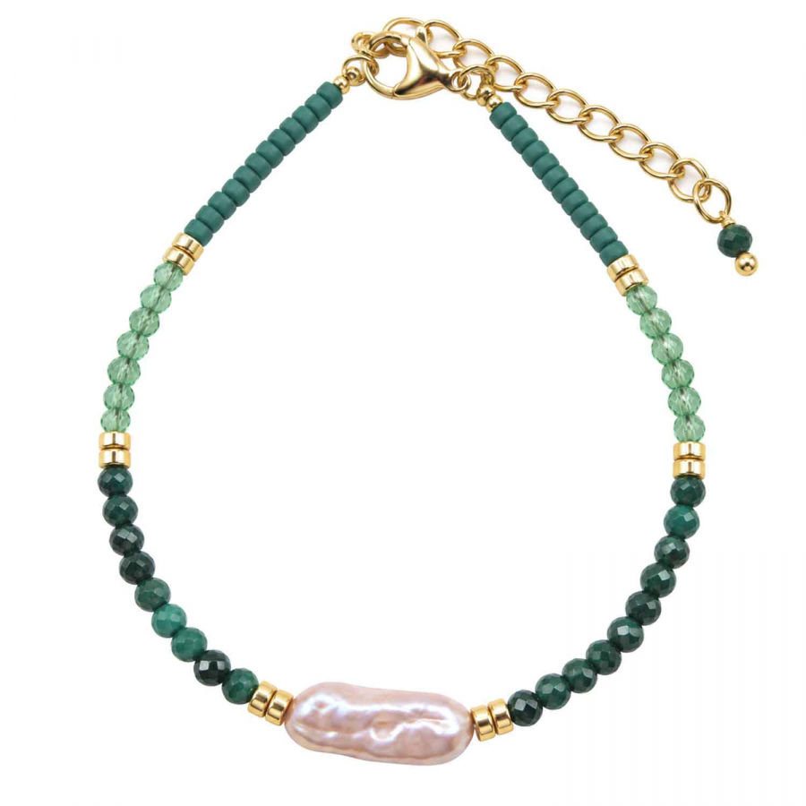 Edelsteinarmband Palita – Malachit, Peridot & Süßwasserperle – 15 + 4 cm