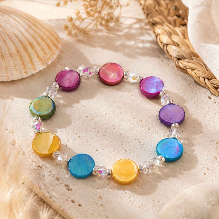 Preview: Armband Cordula – Bunte Muschelplättchen mit Kristallperlen