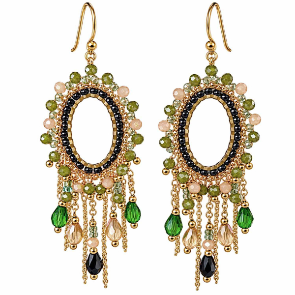 Boho Ohrhänger Mali – Grün, Schwarz & Peach